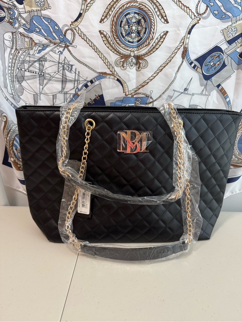 Valentino Quilted Black Tote with Gold Chain Handles NWT